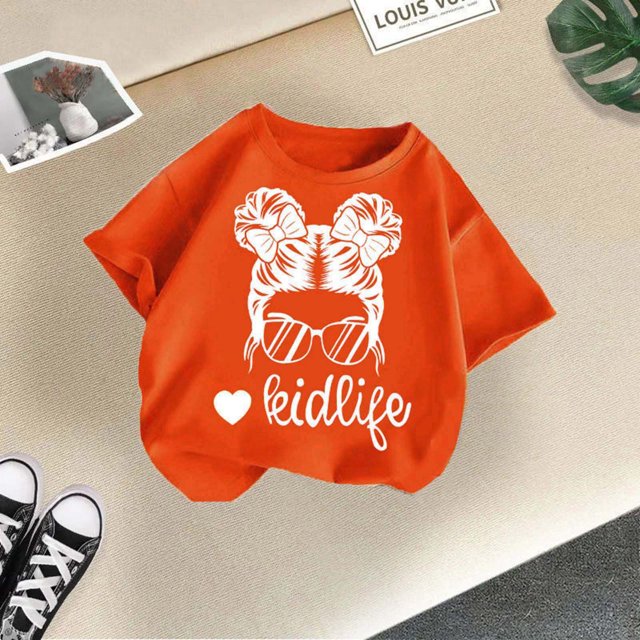 CHAOLEI T-Shirt Graphique Mignon pour Filles, Col Rond, Manches Courtes, Été, Décontracté, Orange, 5-6 Ans