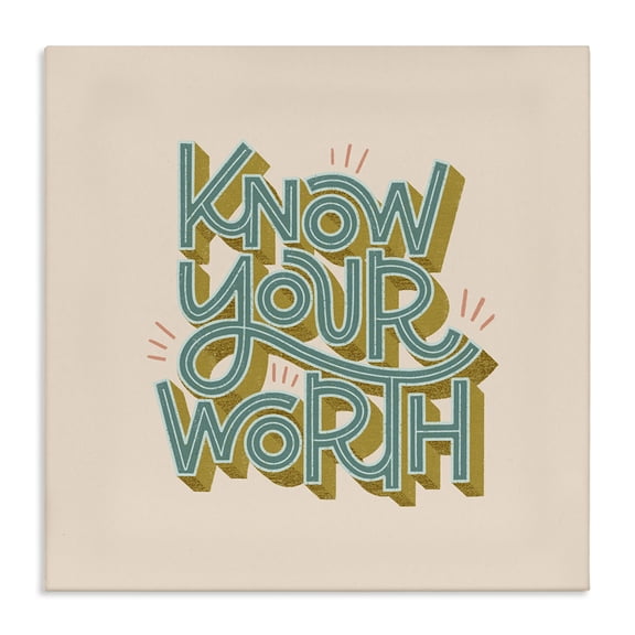 Stupell Industries Mid-Century Know Your Worth Green on Beige Canvas Art, 17 x 17, by Sarah Hickman