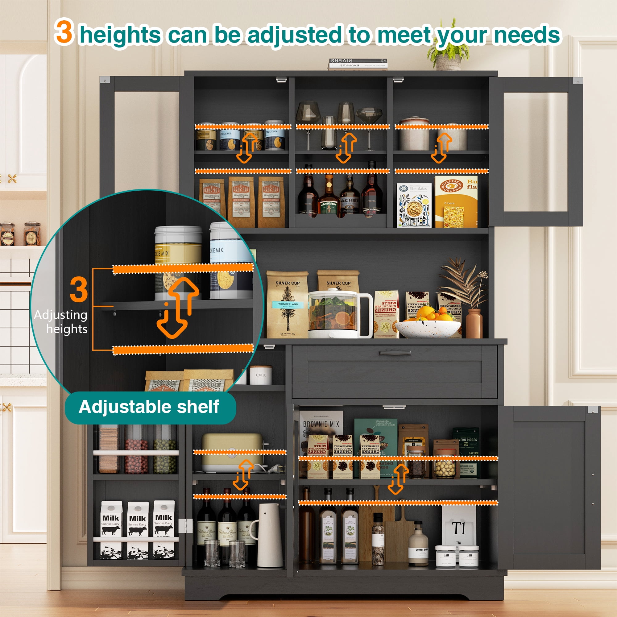 Walsunny Pantry Cabinet with Microwave Shelf Doors Drawer for Kitchen Storage 68" Tall Kitchen Food Cabinet Pantry Organizer Shelves Coffee Bar Cabinet with Hutch Black