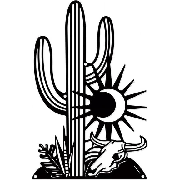 Cactus Wall Decor Iron Wall Sculpture with Screws Black Metal Art Ornament Plants Bull Decorative Sun Moon Wall Hanging Artwork for Living Room Indoor Outdoor Home