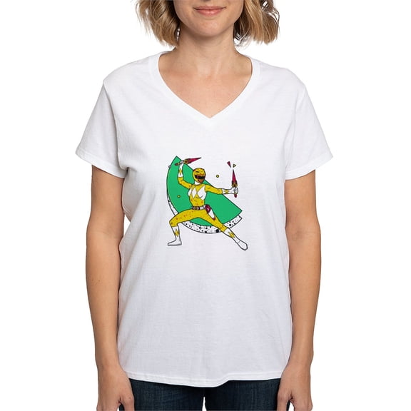 CafePress - Power Rangers Yellow Ranger Women's V Neck T Shirt - Womens Cotton V-Neck T-shirt