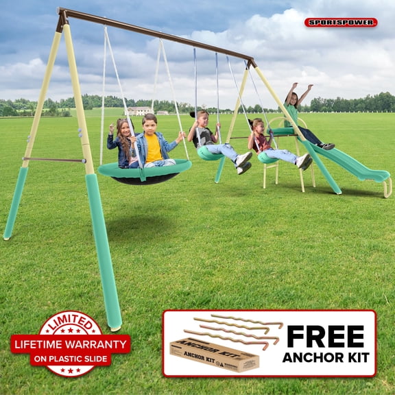 Sportspower Super Saucer Metal Swing Set with Padded Saucer Swing, Lifetime Warranty on Blow Molded Slide, and BONUS Anchor Kit