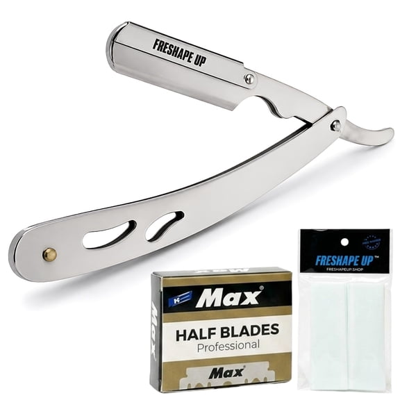 Freshape Up Professional Single Blade Razor for Men – Barber Straight Razor Safety Kit with 100 Single Edge Straight Razor Blades (4.4 cm) & 10 Hairline Wipes for Precise Shaving (Stainless Steel)