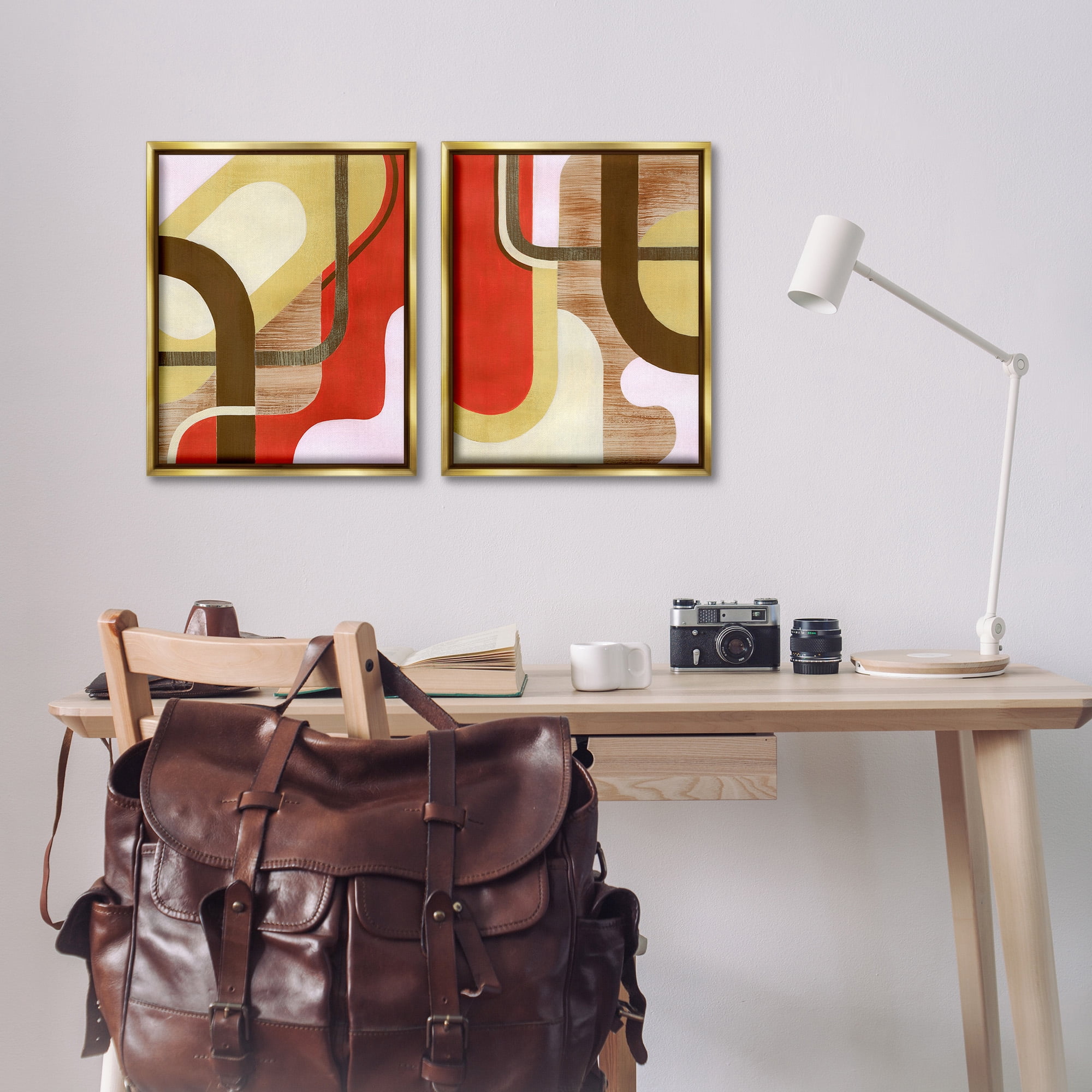 Stupell Industries Rustic Winding Shapes Abstract Painting Gold Floater Framed Canvas Art Print Wall Art, 17 x 21, Set of 2