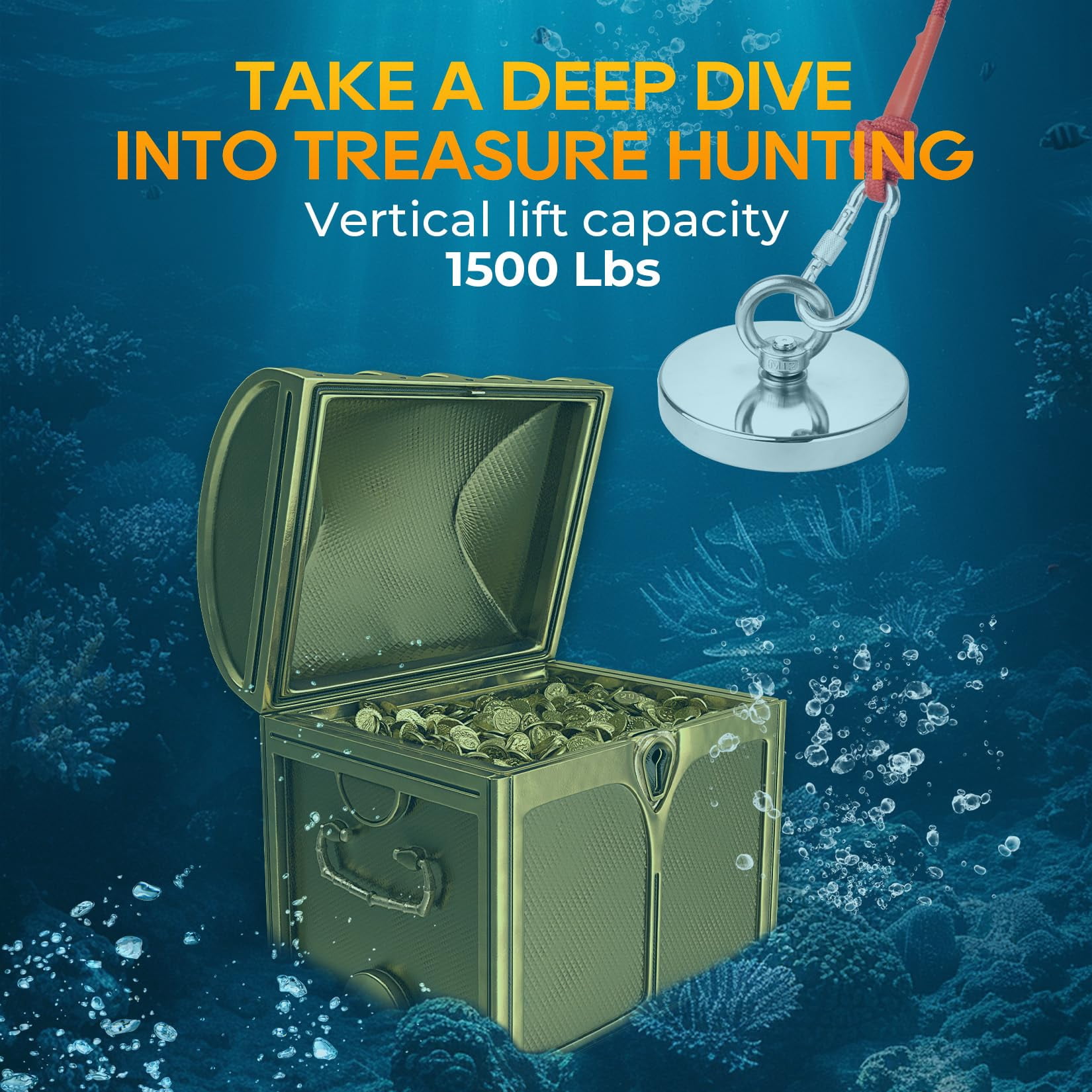 VNDUEEY Magnet Fishing Kit 1500 LBS Pull Force, Strong Neodymium Fishing Magnets with Durable 65 FT Rope, Gloves, Locking Carabiner, Threadlocker - Powerful Magnets for Fishing and Underwater Salvage