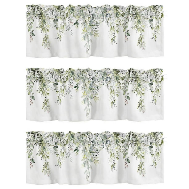 3X Cenefa de Cortina Verde para Ventanas, Cenefa con Bolsillo para Varilla de Hoja de Eucalipto de Acuarela, Tratamientos de Ventana, Hojas de Plantas