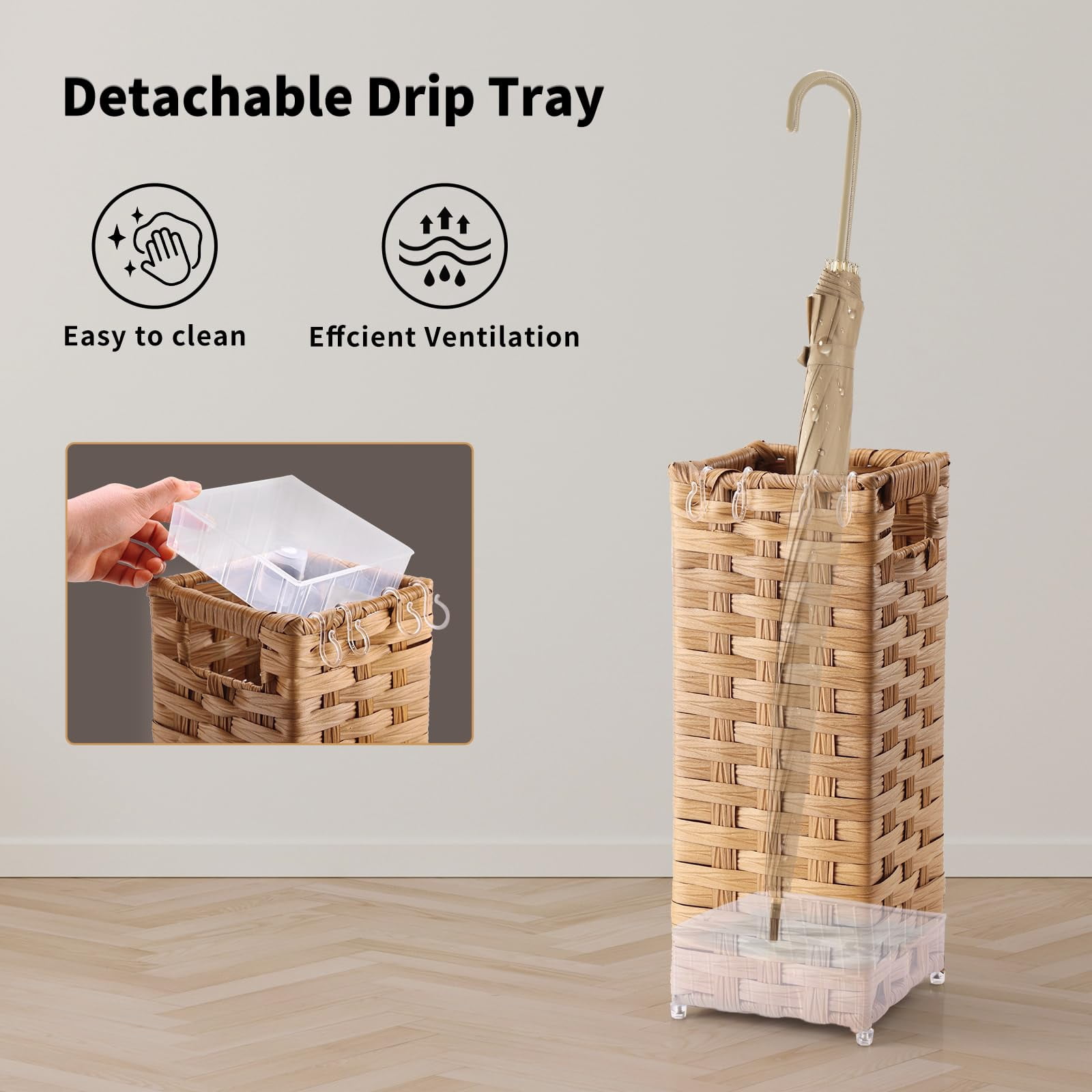 Rattan Umbrella Stand, Umbrella Holder for Entryway, Hand Woven Umbrella Rack Organizer Freestanding, with a Detachable Drip Tray, 4 Hooks, 11.8" L x 5.5" W x 16.5" H