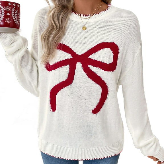 Women Y2K Knit Sweater Crew Neck Long Sleeve Knitted Pullover Oversized Contrast Trim Knitwear Cream White S