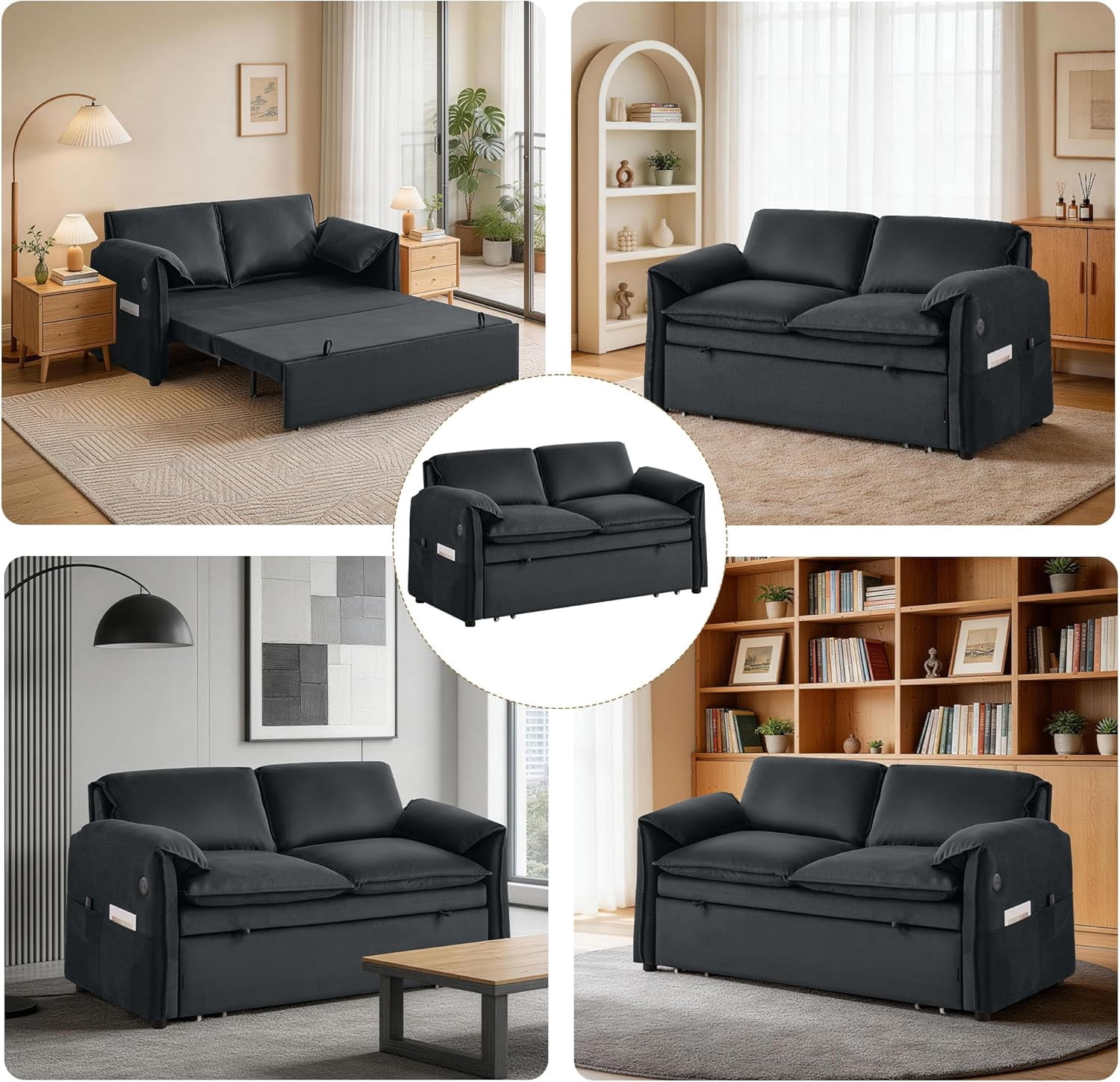 63" Velvet Pull Out Couch, 3-in-1 Convertible Sleeper Sofa Bed with Adjustable Backrest, USB Charging Ports, Side Pockets, Modern Loveseat for Living Room, Bedroom, Apartment, Dark Grey