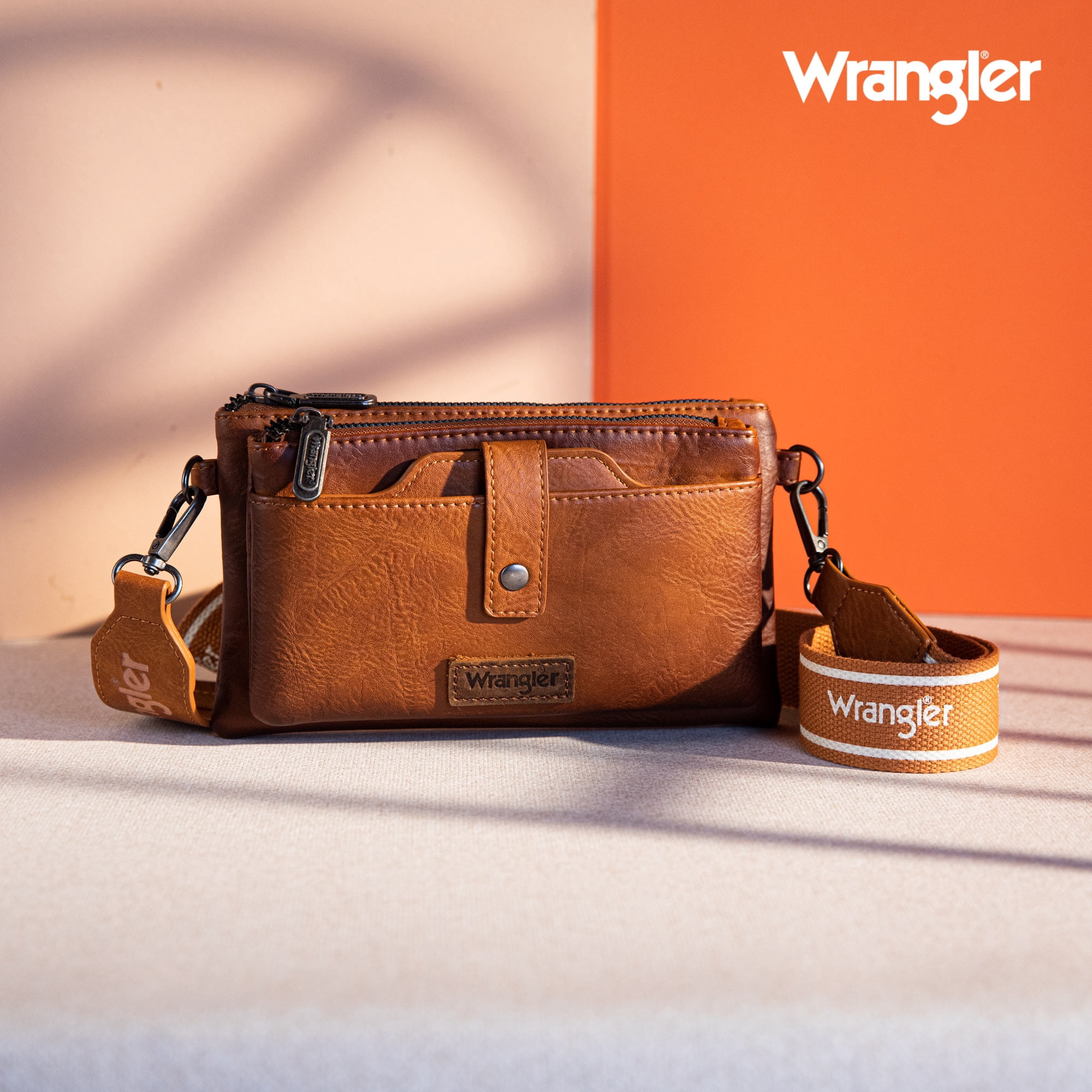Wrangler Crossbody Bags for Women Shoulder Wallet Small Purse with Adjustable Guitar Straps, Light Brown