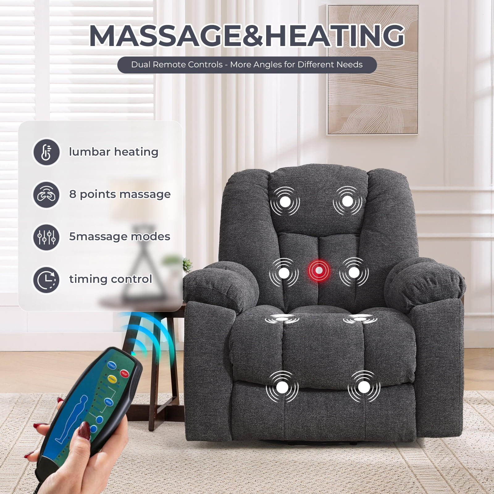 Ebello Large Power Lift Recliner Chair with Heat Massage, USB Ports - Ergonomic Recliner Chair for Elderly, Dark Gray