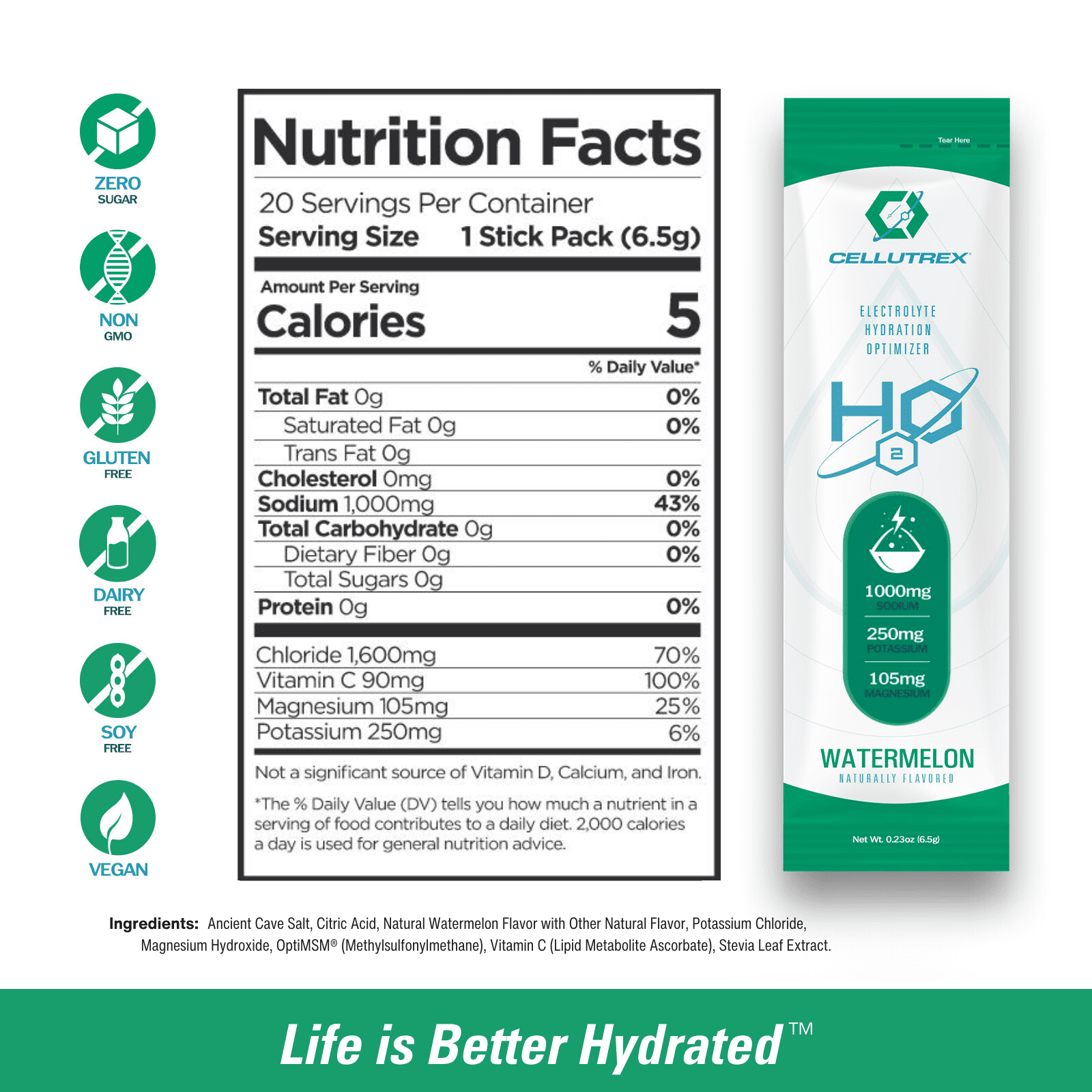 Cellutrex H2O Watermelon Zero Sugar Hydration Packets, Additive-Free Electrolyte Drink Mix for Workouts, Fasting & More, Non-GMO, Easy Open Electrolytes Powder Packets No Sugar, 20 Sticks