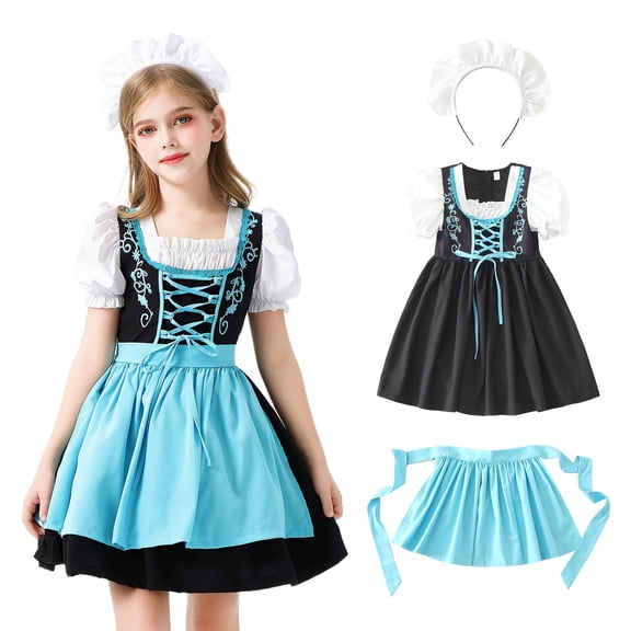 XXWXYD Girls 𝖮ktoberfest Halloween Costum𝖾 Traditional German Bavarian Dirndl Dress with Maid Apron Outfit Par𝗍y 𝖢arnival Festival Wear Kids Children 3-12 Years Bavarian Gown German Trachten