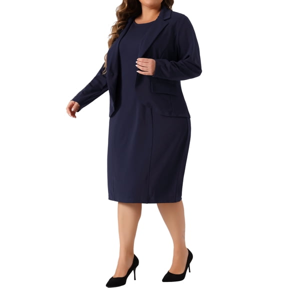 DARING DIVA Women's Plus 2 Pieces Dress Suits Blazers and Sleeveless Dress Navy Blue 1X