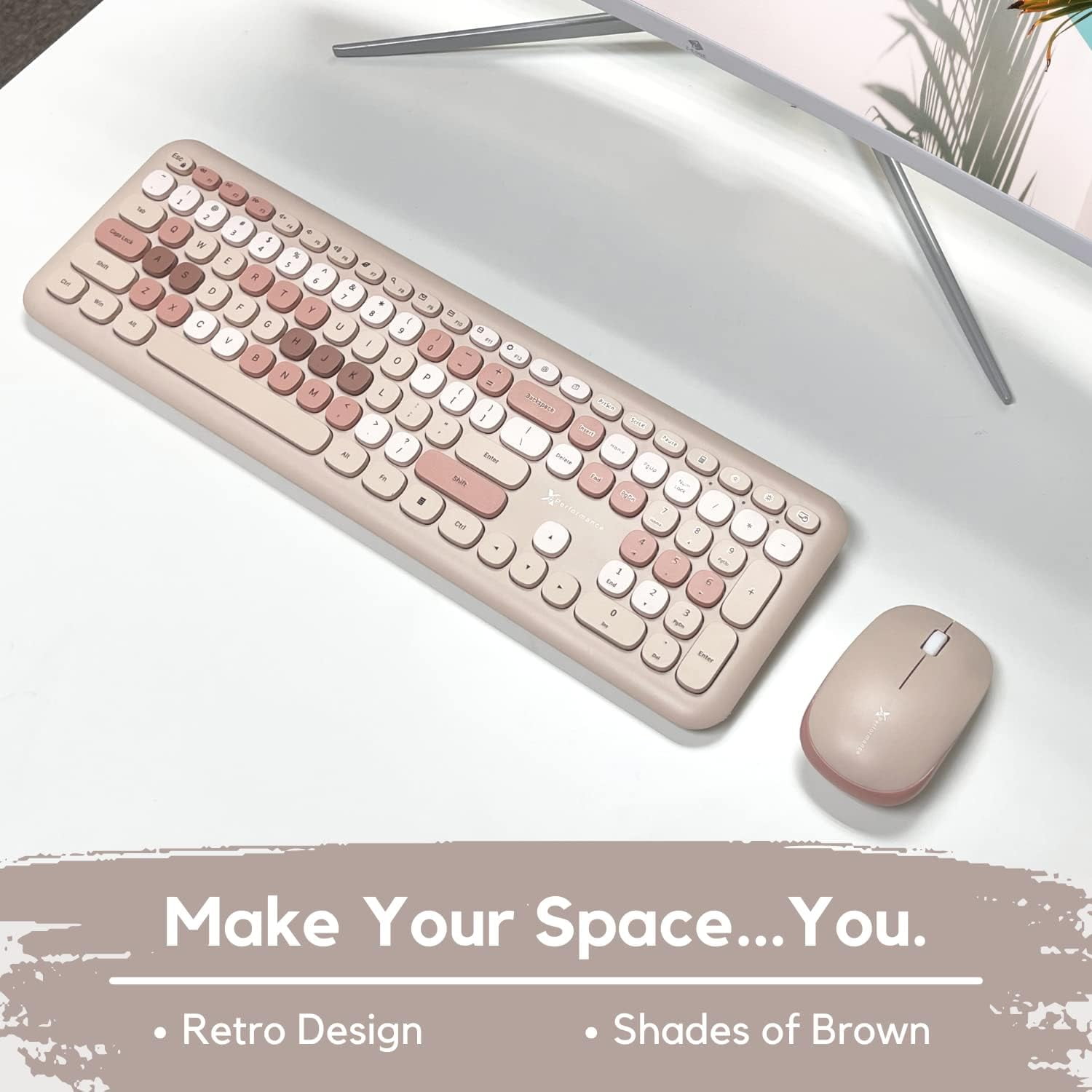 X9 Performance Colorful Keyboard and Mouse Combo - 2.4Ghz Wireless - Transform Your Space with a Cute Wireless Keyboard and Mouse Set (110 Keys and 18 Shortcuts) - for PC and Chrome (Brown)
