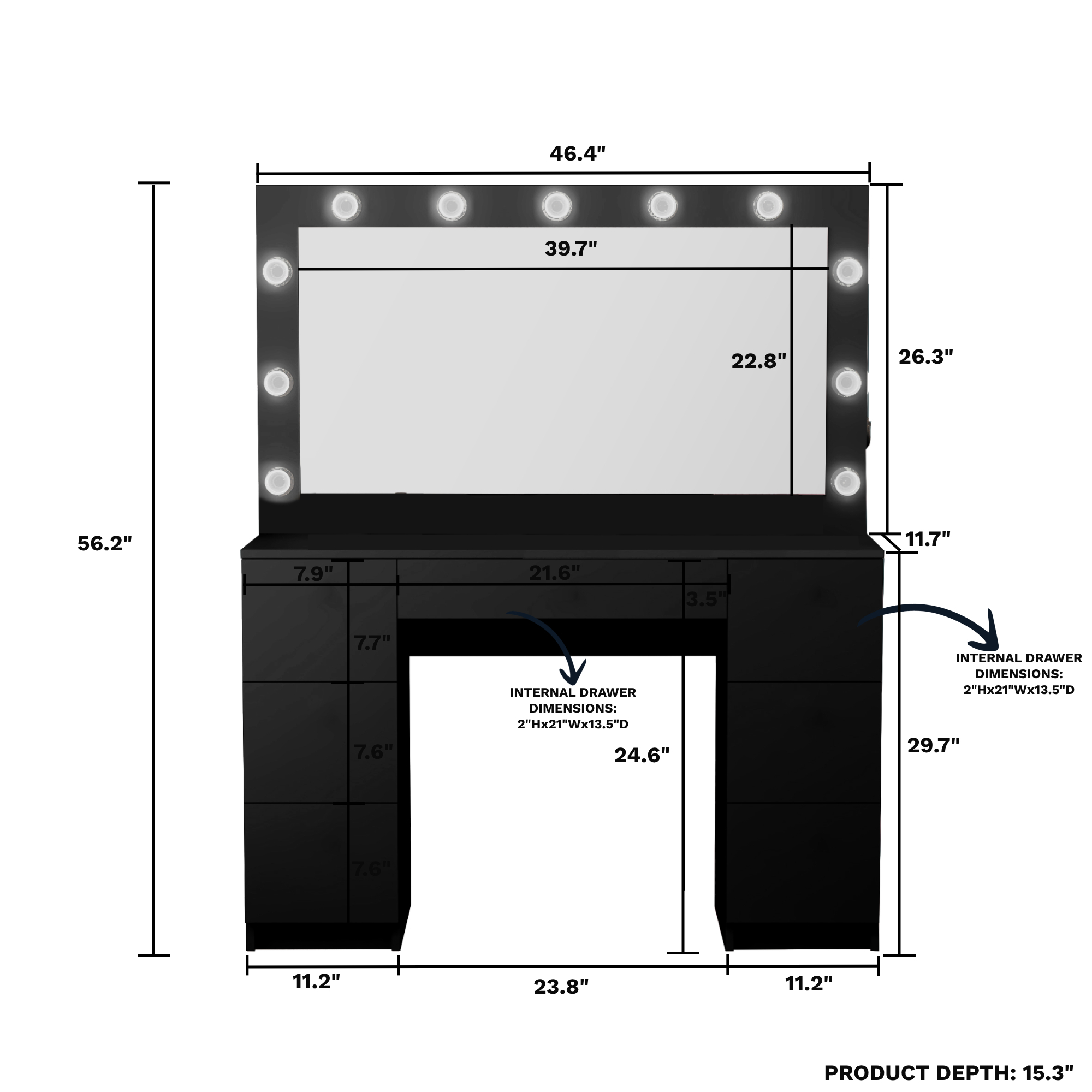 Ember Interiors Pam Black Makeup Vanity Desk with Mirror, Lights and Charging Station