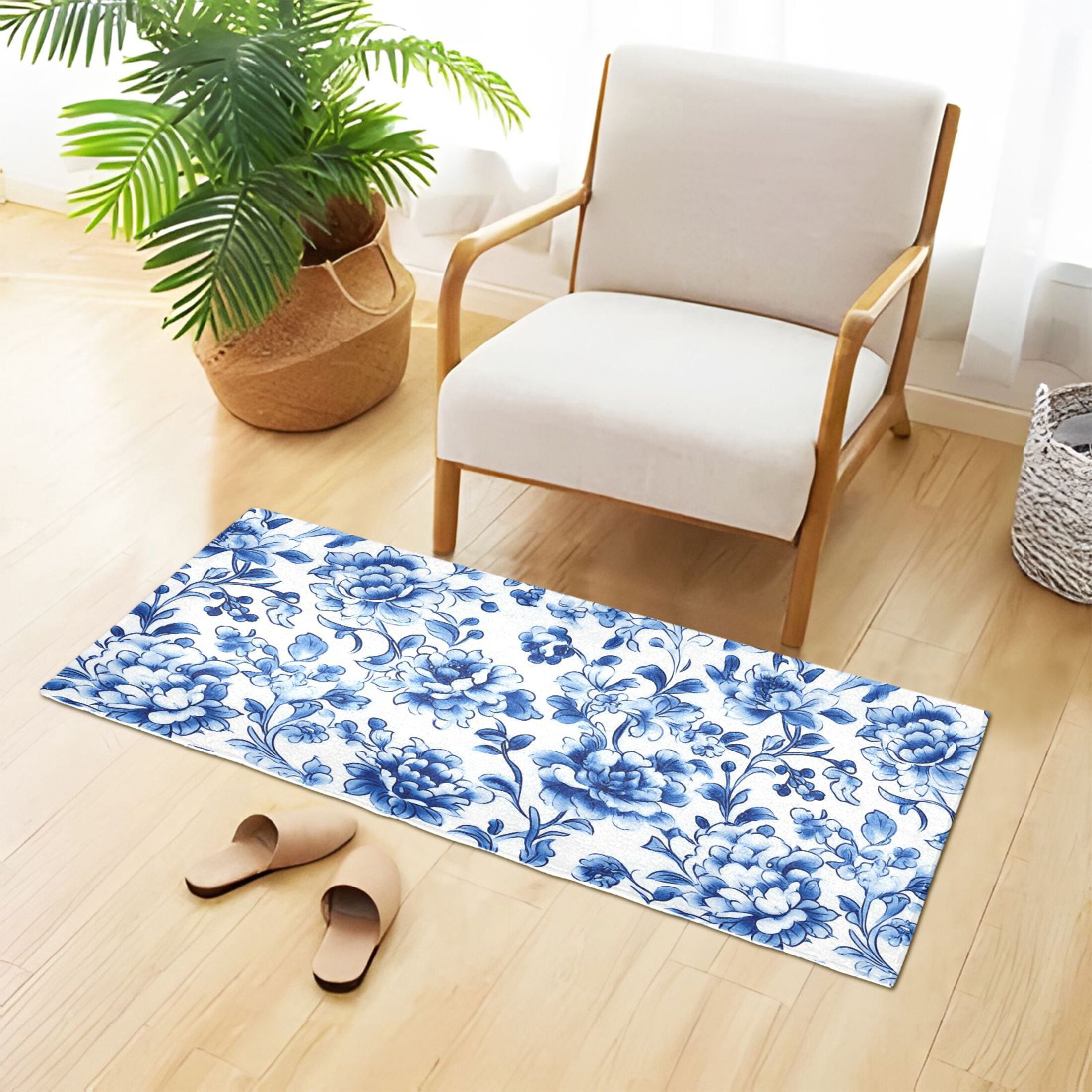 Blue and White Porcelain Floral Bath Mat 39x20 Non-Slip Bathroom Rugs Absorbent Soft Plush Quick Dry for Tub Shower Kitchen Home Decor