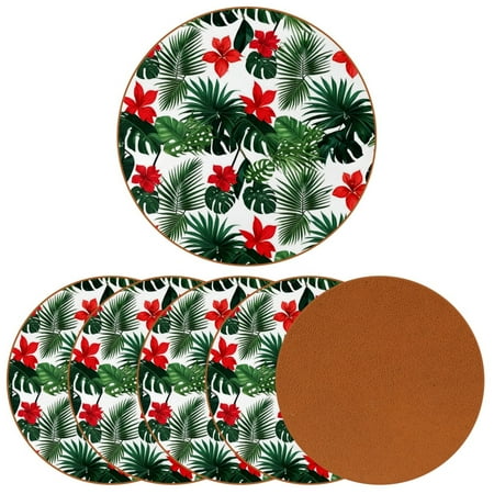 

YZUOUZY Home Decor Table Decor 6 Pieces Round Microfiber Leather Unique Coasters Tropical Flower Plant Rose Hibiscus