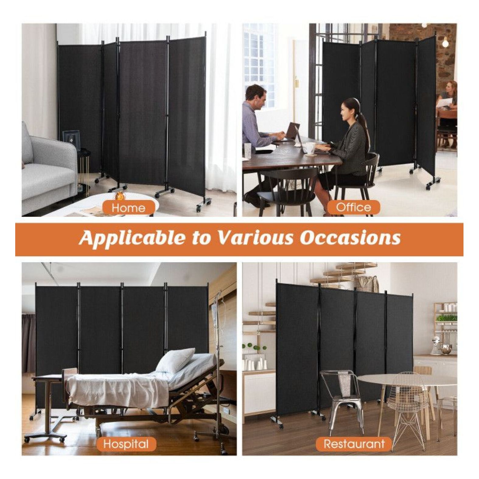 Yunken 4-Panel Folding Room Divider with Lockable Wheels, 5.6 Ft Tall Portable Privacy Screen for Home & Office Use