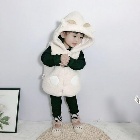 

[BRAND CLEARANCE!!!] 6M-3Y Autumn/Winter Warm Hooded Coat Cute Cartoon Pattern Fleece Imitation Lamb Velvet Snap Button Vest Jacket (White)