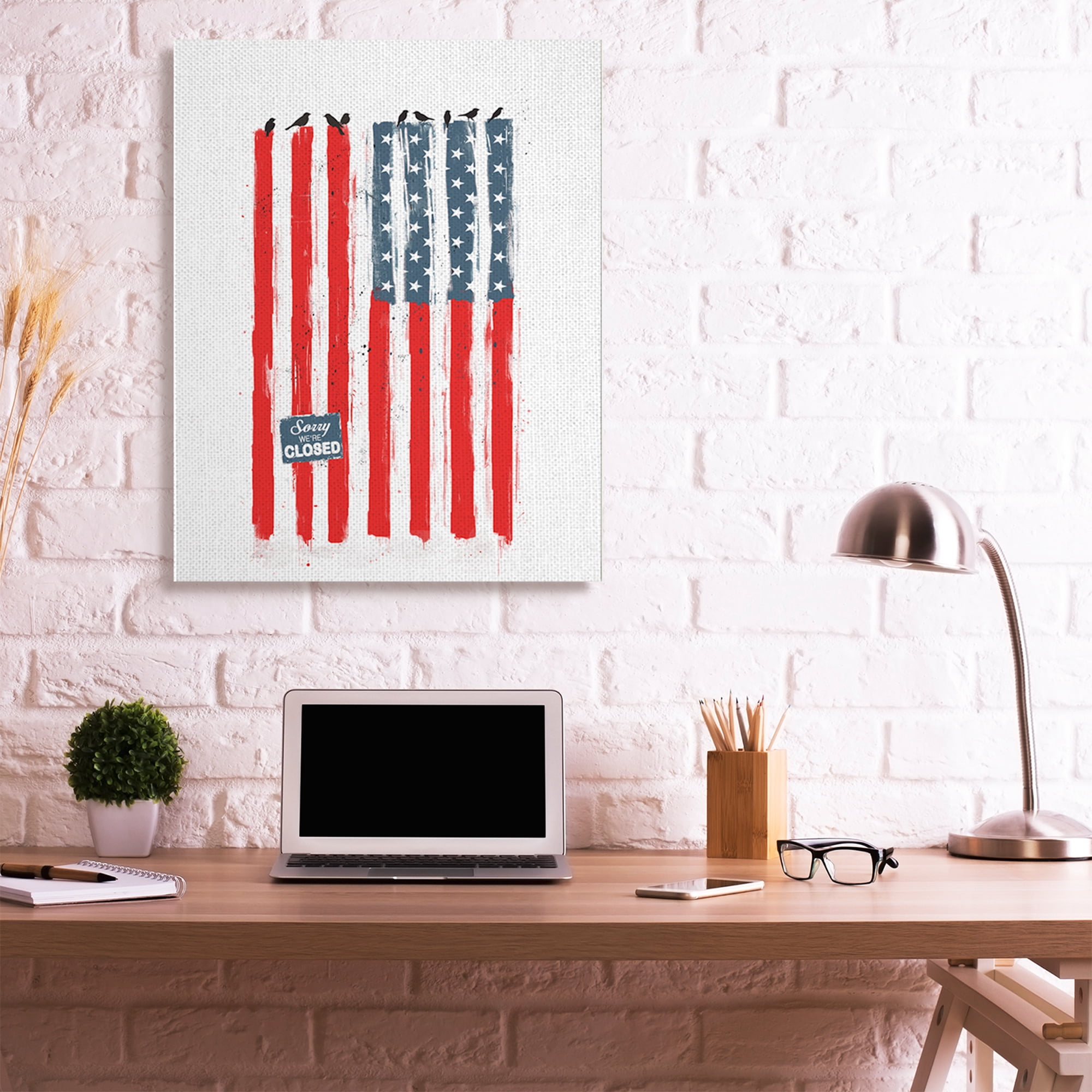 Stupell Industries American Flag Birds on Wall Political Statement Canvas Wall Art by Balazs Solti