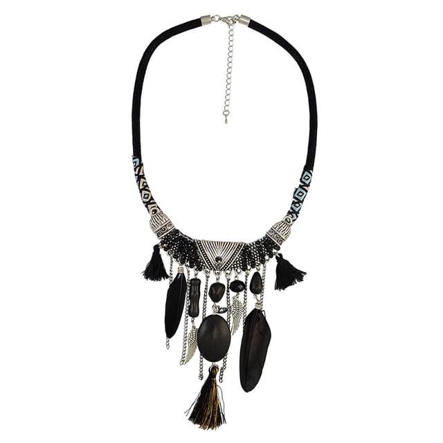 Collar étnico bohemio vintage perfecl con borlas de plumas Negro