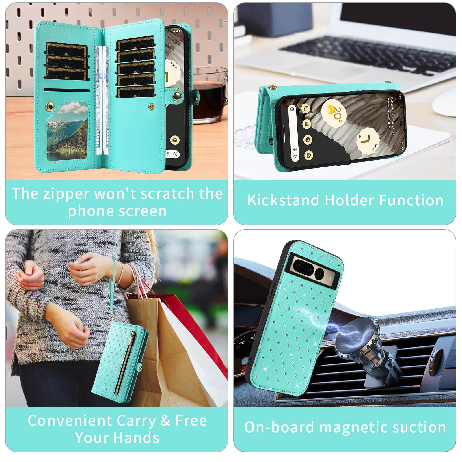 Asuwish Phone Case for Google Pixel 7 Pro 5G Zipper Wallet Detachable Cell Cover with Tempered Glass Screen Protector Crossbody Lanyard Strap Bling Glitter Flip Card Holder Slot Pixel7Pro 7XL Green