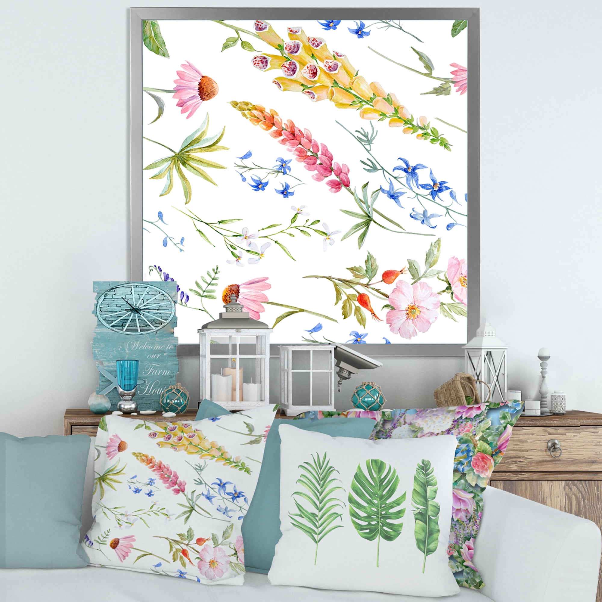 Designart 'Vibrant Summer Wildflowers On White I' Traditional Framed Art Print
