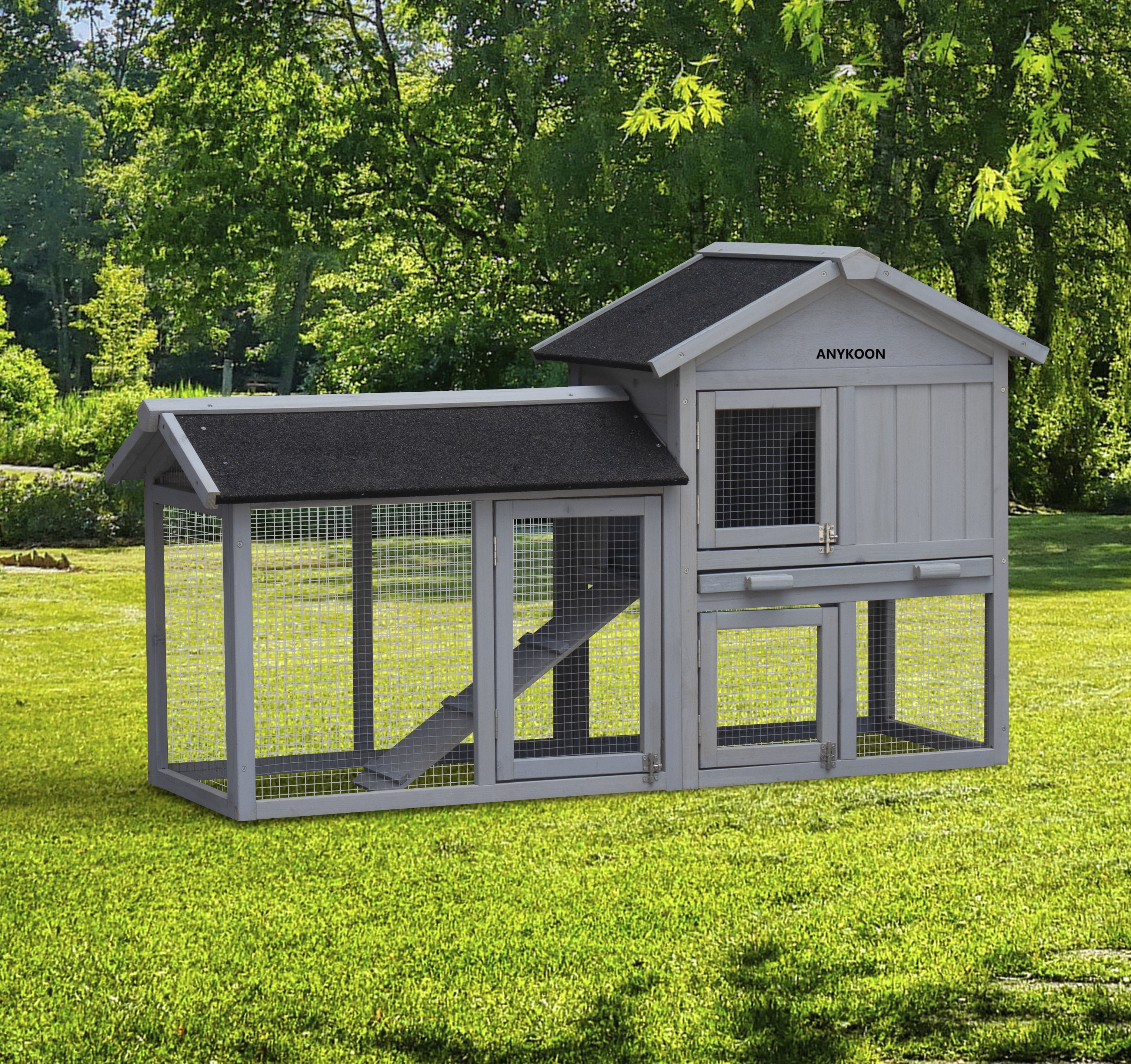 Anykoon Rabbit Hutch With Large Run Space Outdoor&Indoor Bunny Cage ,Extensible Chicken Coop with No Leak Plastic Tray