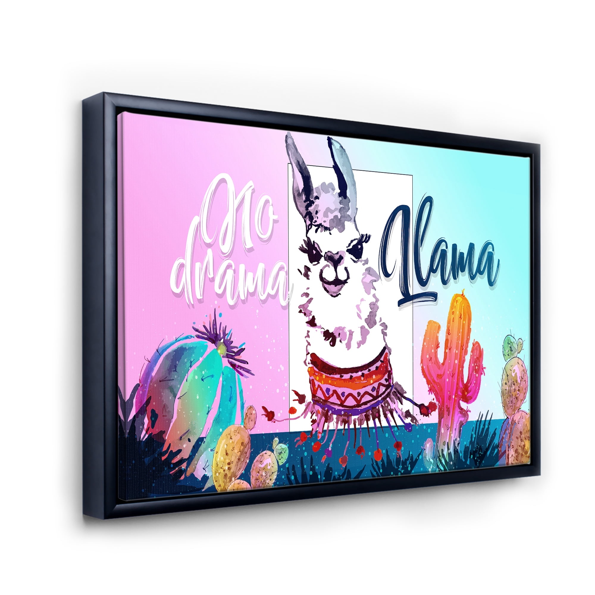 No Drama and Colorful Llama 32 in x 24 in Framed Painting Canvas Art Print, by Designart