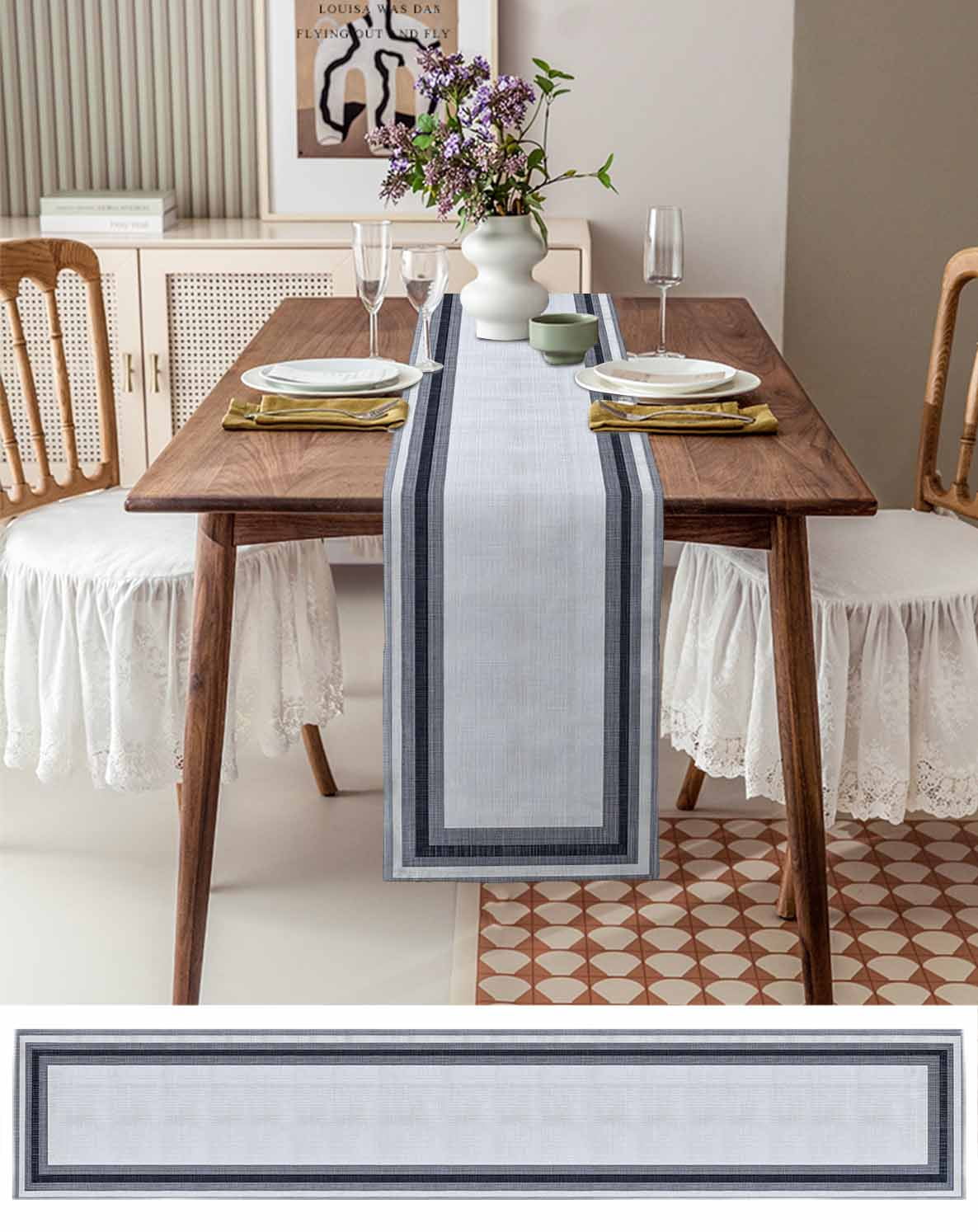 Gray Boho Burlap Cotton Table Runner 13x36 Inches Short, Vintage Country Chic Shabby Ombre Geometric Farmhouse Table Runners, Outdoor Dining Tablecloths Decor for Baby Shower/Party/Wedding