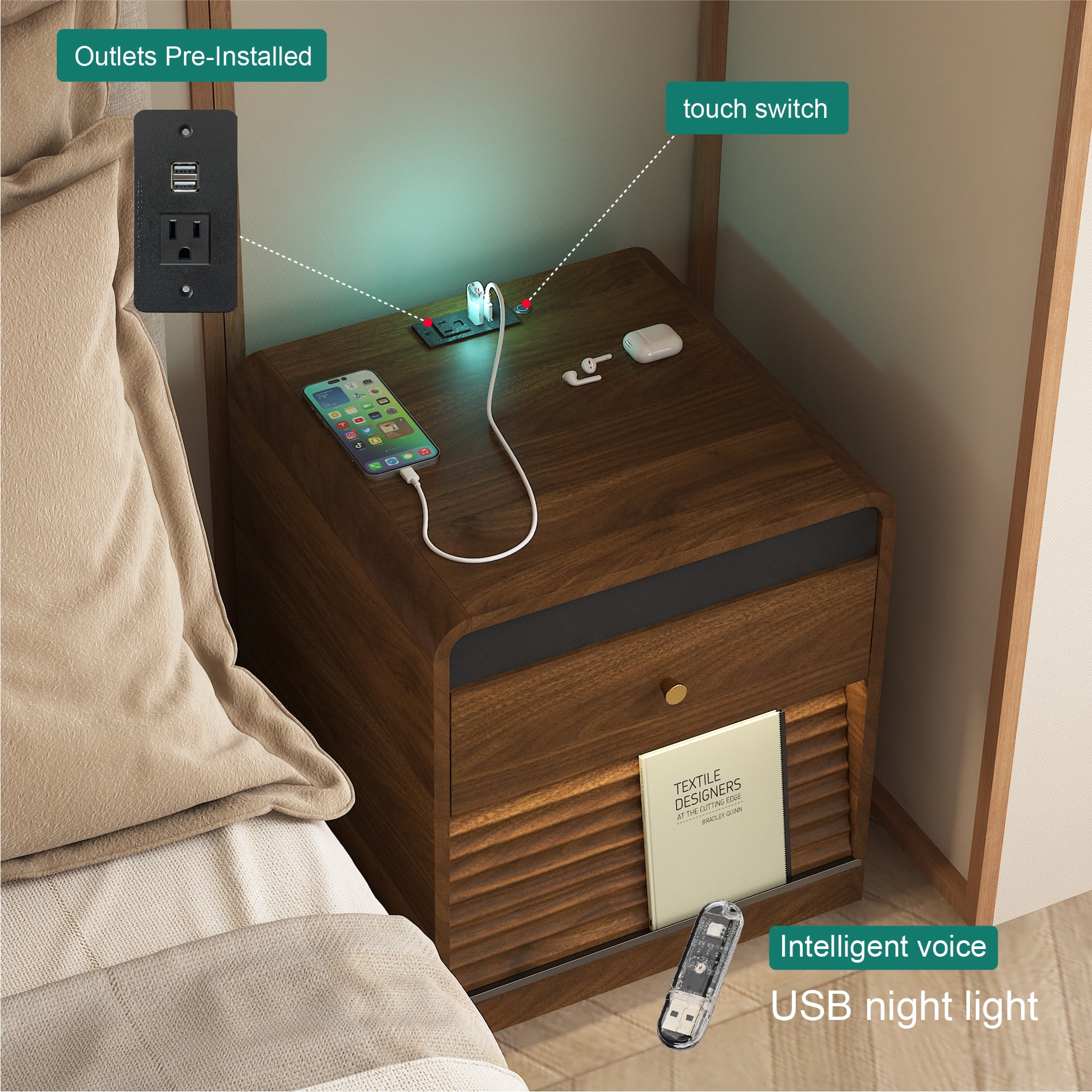 Aukfa Smart Nightstand with Charging Station, Side Table with Voice-Controlled 7-Color LED Light, Modern Bedside Table for Bedroom,Walnut