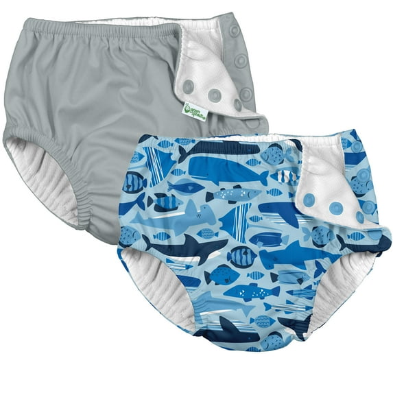 i Play (2 Pack) Boys Reusable Absorbent Baby Swim Diapers - Swimming Suit Bottom | No Other Diaper Necessary Royal Under Sea and Grey 6 Months