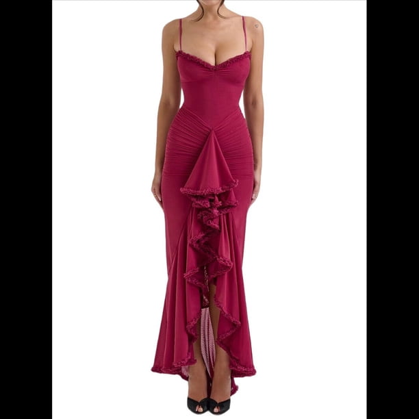 Vestido de Cóctel para Mujer, Sin Mangas, con Volantes Fruncidos en el Dobladillo, de , con Abertura Alta y Tirantes Finos. Vino Tinto M