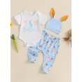thumbnail image 3 of Qmyliery Baby Boy Easter Outfits Letter Short Sleeve Round Neck Romper with Bunny Pattern Pants and Hat 3 Pcs Set 3 6 12 Months, 3 of 8
