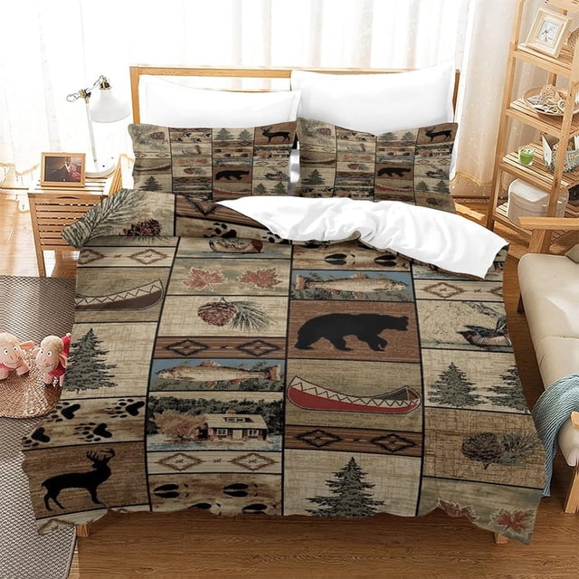 LAICAIW Ensemble 3 Pcs Ensemble 3 Pcs sur Lit Ensemble de Literie Courtepointe Style Chalet - Parcelle Faune - Ensemble de Couette Réversible Style Cabane Rustique Campagnarde avec Taies Décoratives, Brun Très Grand (220x240 cm)