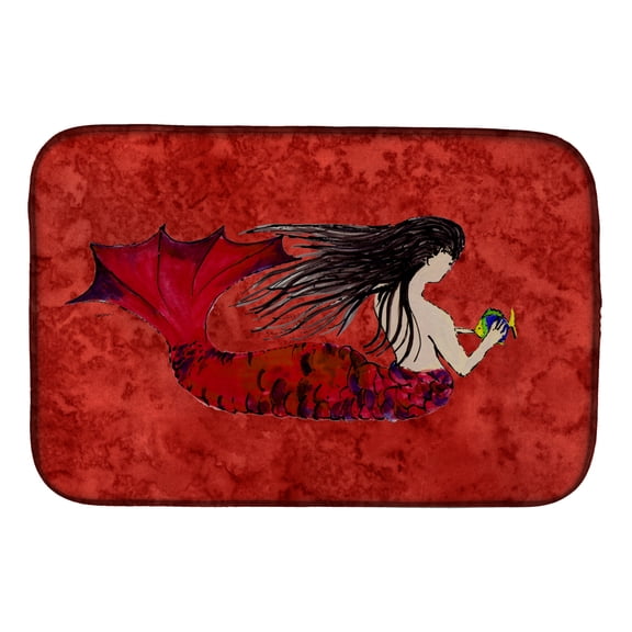 Black Haired Mermaid on Red Dish Drying Mat
