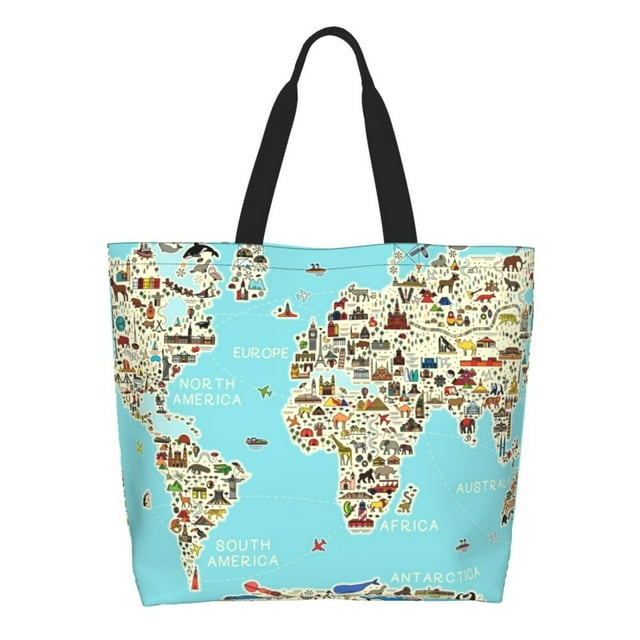 Balery World Travel Line Icons Map Bolsa Tote Estilo Estético con Cremalleras, Bolsa de Hombro, Bolsa de Compras Grande y Plegable