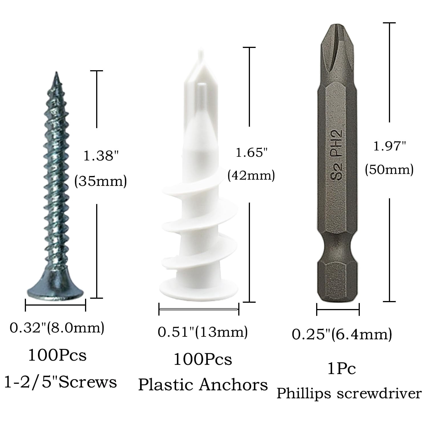 200Pcs Drywall Anchors and Screws Kit, 100Pcs Self-Drilling Plastic Wall Anchors with 100Pcs #8 Phillips Screws & PH2 Bit, Heavy Duty Anchors for Hanging Pictures, Shelves, Home Mounting