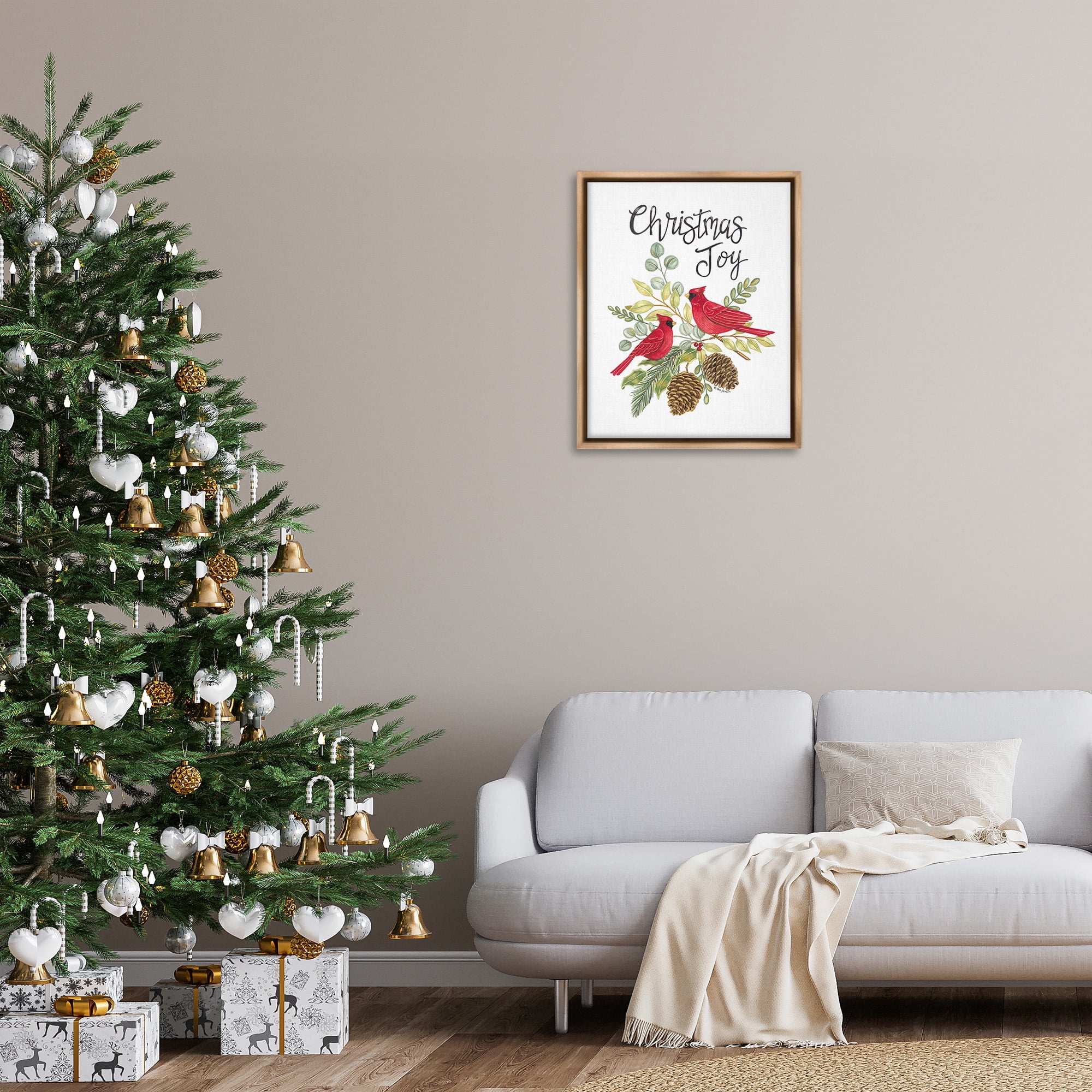 Stupell Industries Christmas Joy Cardinals Holiday Painting Brown Floater Framed Canvas Art Print Wall Art, 25 x 31