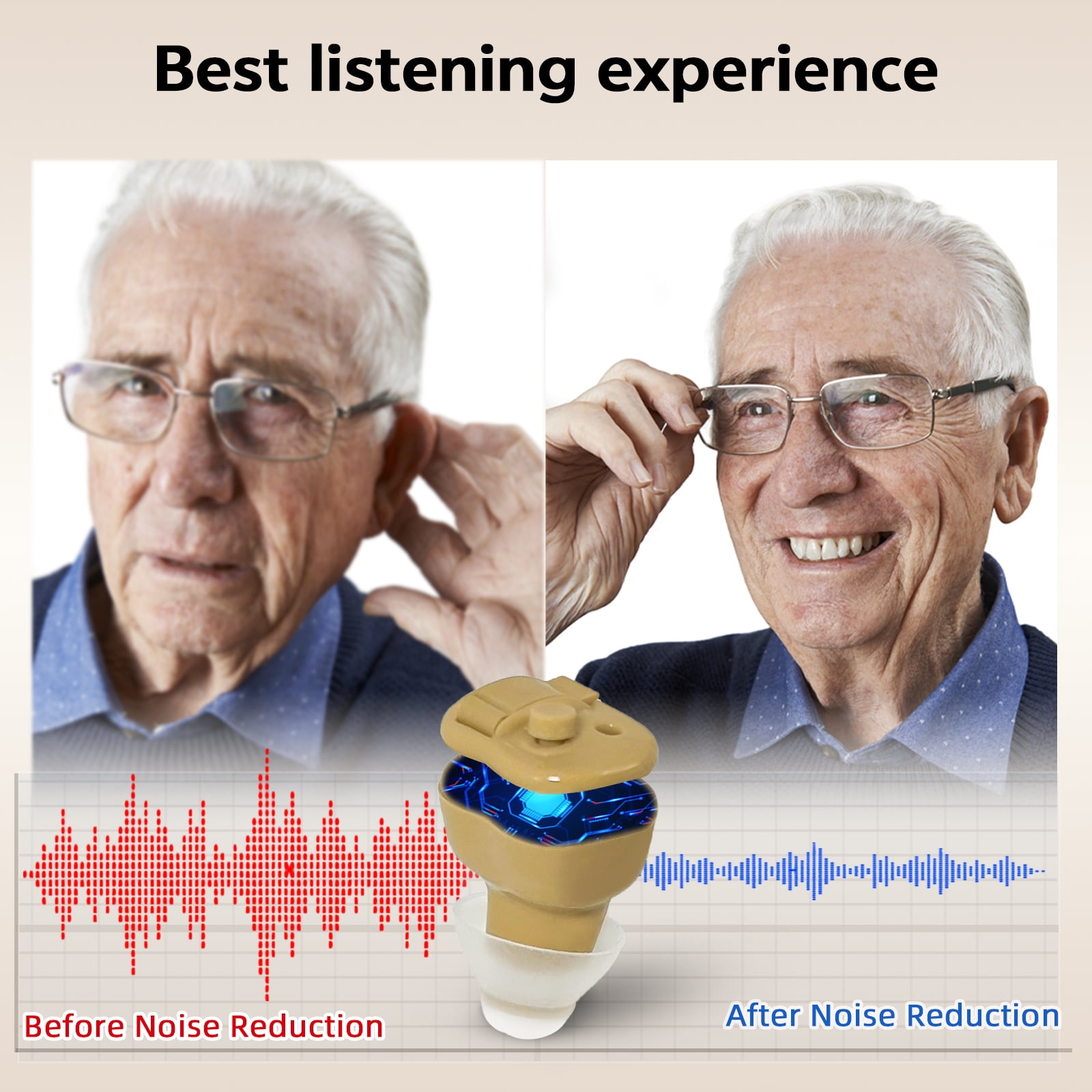 ELCTRTICI Hearing Aids for Seniors, Mini Invisible Hearing Aids with Smart Noise Reduction Clear Sound, Replaceable Battery, VHP-603 Binaural, Beige