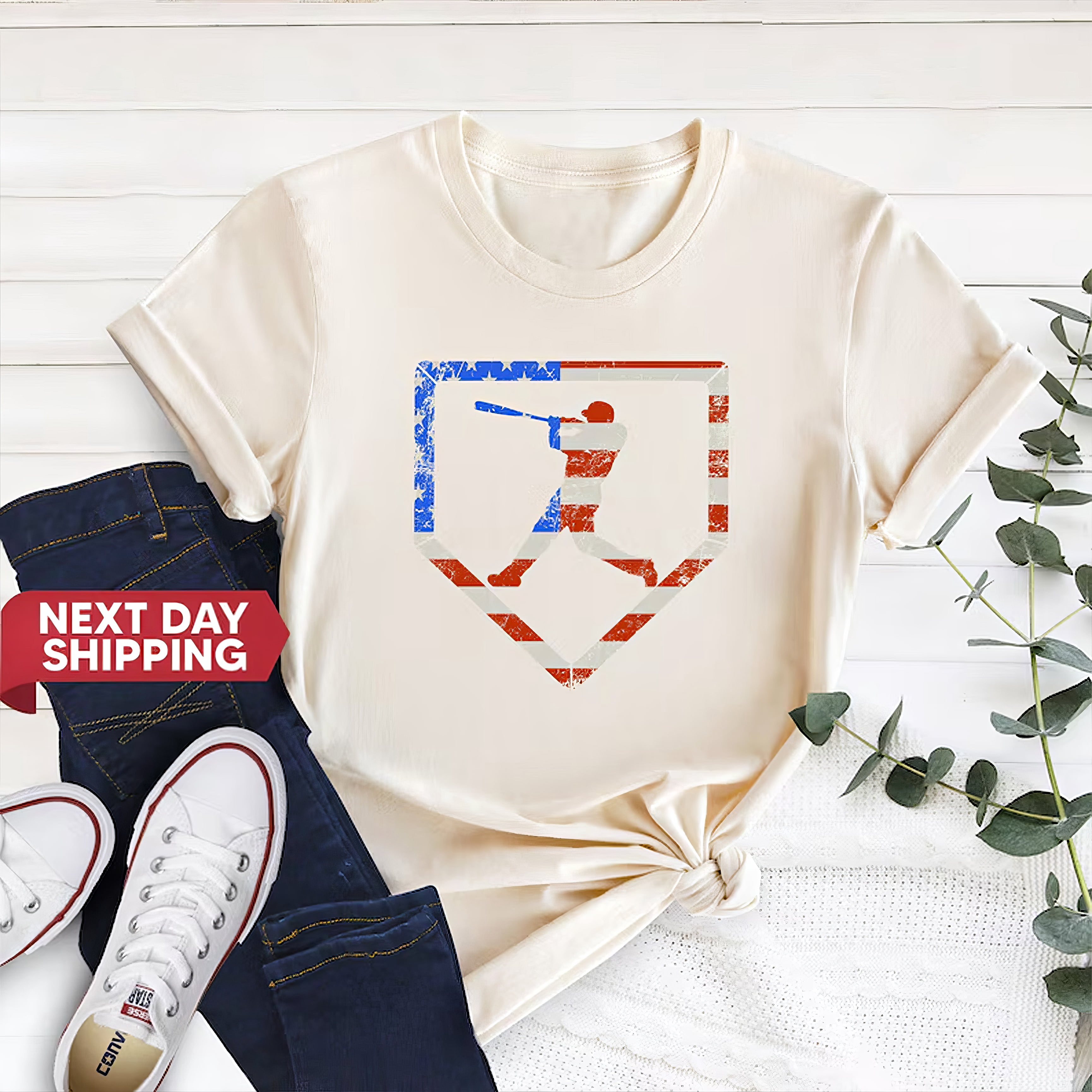 NETECOM Baseball Batter USA Flag Home Plate Shirt - Patriotic Baseball Fan Tee - 4th of July Game Day Shirt - American Sports Graphic Tee – Classic Unisex Sizes S-5XL