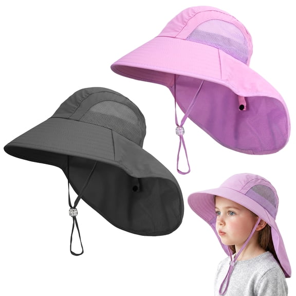 Bocaoying 2 Pack Kids Sun Hat with Neck Flap & Wide Brim, UPF 50 UV Protection Summer Beach Hat, Adjustable Fishing Hat for Toddler Boys Girls, Unisex Ponytail Outdoor Hat