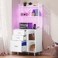 thumbnail image 3 of Uforic File Cabinet with 3 Drawer & Open Storage Shelves, Wood File Cabinet with LED Light & Charging Station, Tall Office cabinet with 3 Shelves, Printer Stand for Home Office, White, 3 of 9