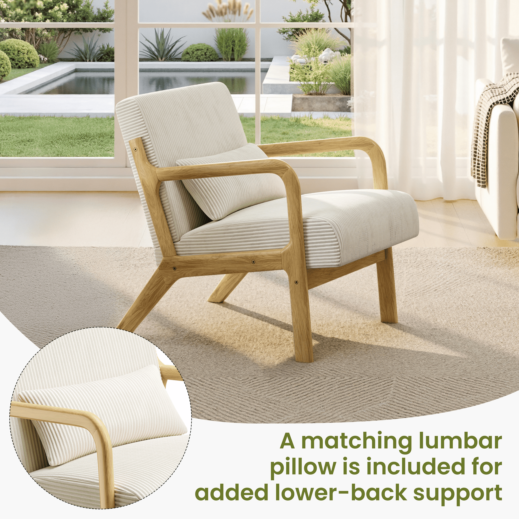 Renwick Mid-Century Corduroy Accent Chair, Modern Armchair with Wood Frame and Pillow for Living Room Bedroom Furniture, Set of 2, Beige