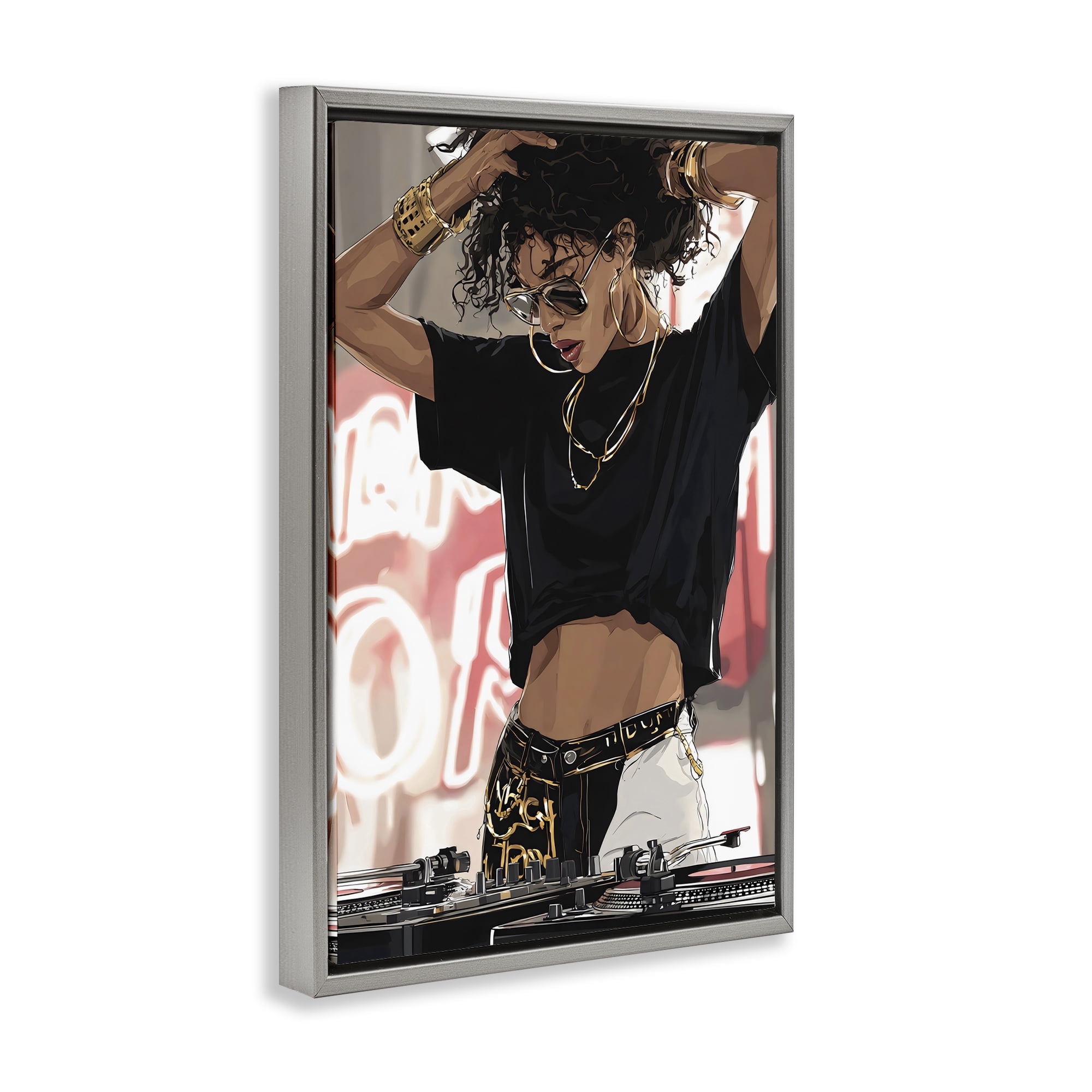 Stupell Industries Trendy Female DJ Musician Gray Framed Floater Canvas Wall Art, design by Franklyn Gregory