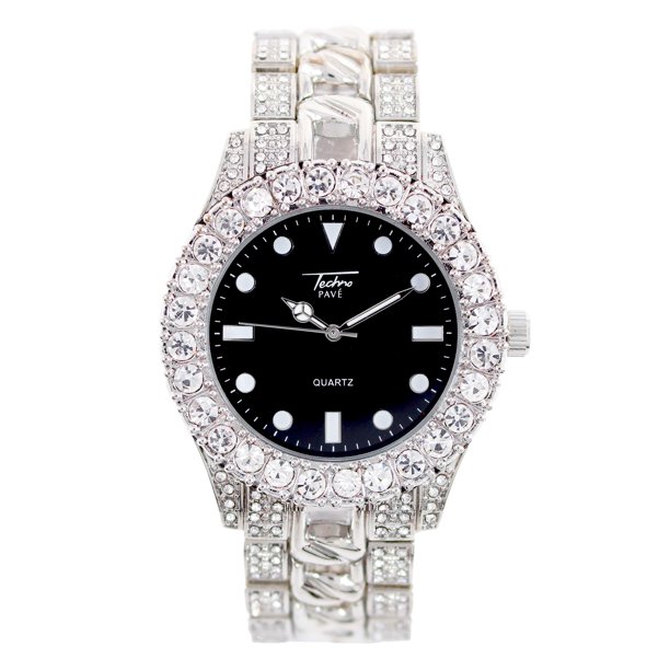 Techno Pave Mens 44mm Solitaire Bezel and Black Dial Silver Watch