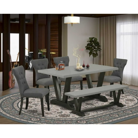 East West Furniture 6-Pc kitchen table set-Dark Gotham Grey Linen Fabric Seat and Button Tufted Chair Back Parson Dining chairs A Rectangular Bench and Rectangular Top Dining room Table with Wood… East West Furniture 6-Pc kitchen table set-Dark Gotham Grey Linen Fabric Seat and Button Tufted Chair Back Parson Dining chairs A Rectangular Bench and Rectangular Top Dining room Table with Wood…