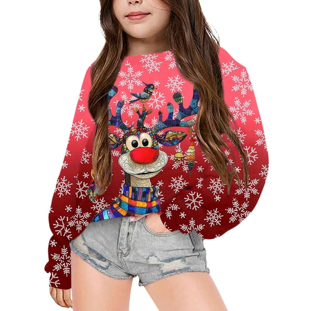 PMVFHDE Chandail en Molleton Grande Taille en Liquidation Noël Mode Enfants Mignon Imprimé Col Rond Sans Capuche Manches Longues Vêtements Filles, Rouge, 11-12 Ans