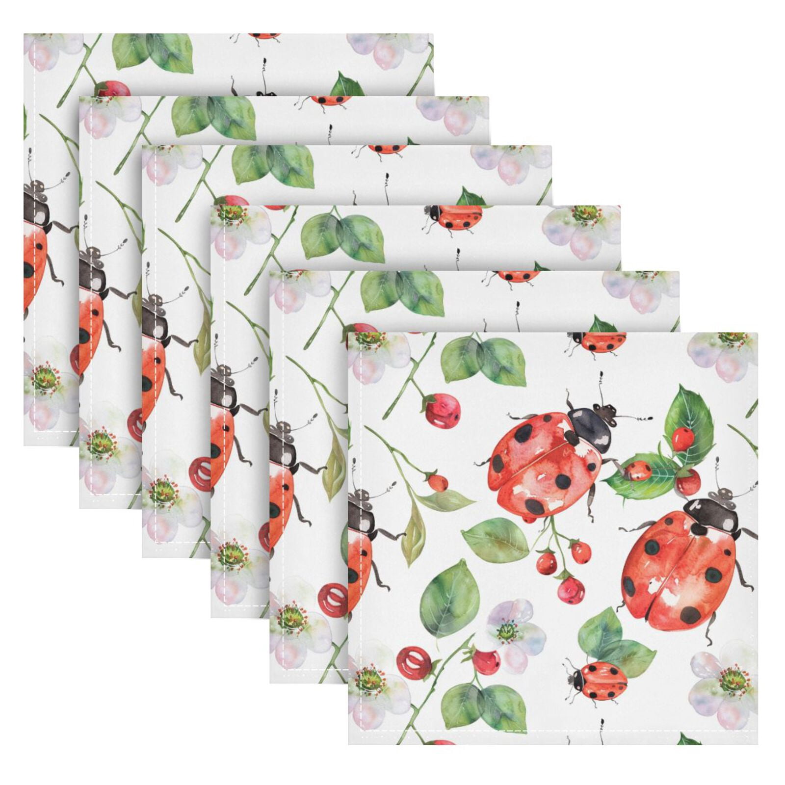 JSTEL Lady Bug Flower Leaf Cloth Napkins Set of 6, 20x20 Inch Washable and Reusable Napkin for Decoupage Dinner Party Everyday Use